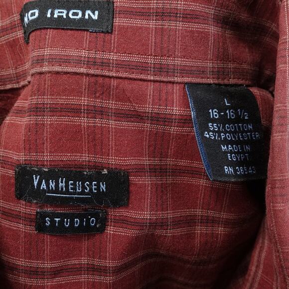 VAN HEUSEN STUDIO NO IRON RED PLAID CHECK BUTTON DOWN SHIRT MENS SIZE L 16-16.5 - Picture 6 of 6